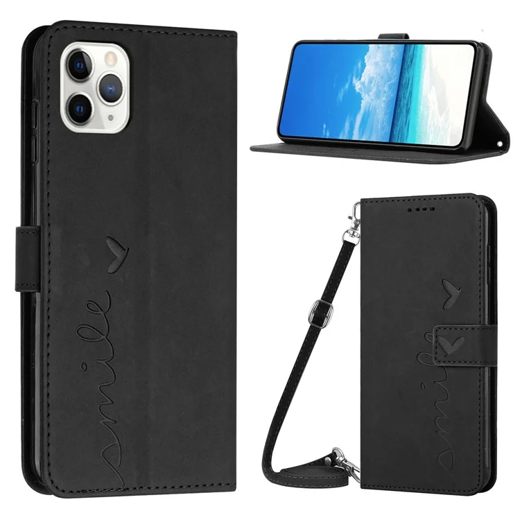 Para iPhone 15 Pro Heart Imprinted Wallet Stand Leather Case Anti-drop Phone Cover with Shoulder Strap - Negro