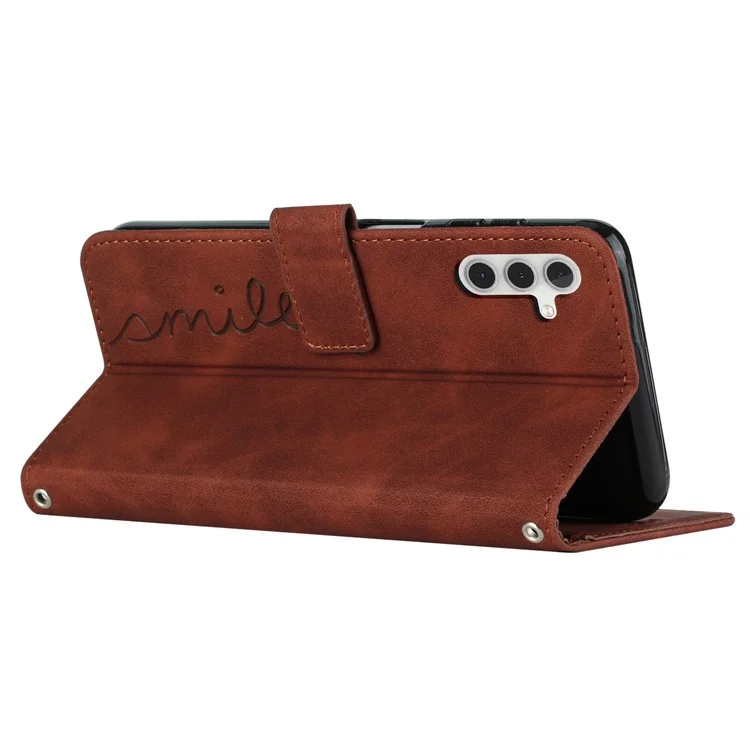 Für Samsung Galaxy S23 FE Skin-touch PU Leder Geprägte Abdeckung Flip Stand Wallet Phone Case mit Gurt - Braun