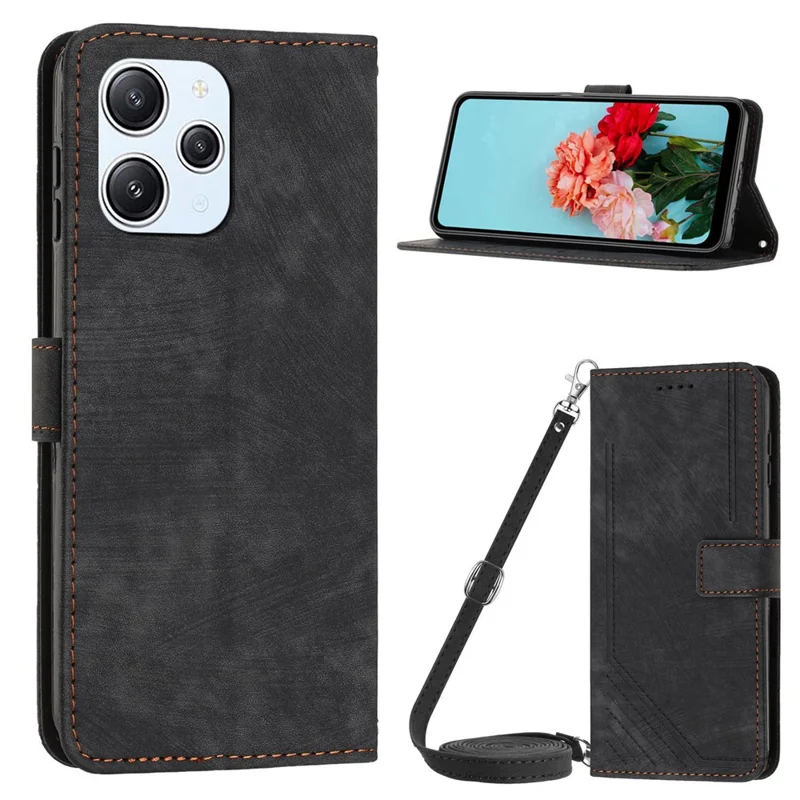 For Xiaomi Redmi 12 4G Lines Imprinted Leather Case Stand Wallet Phone Cover with Shoulder Strap - Black