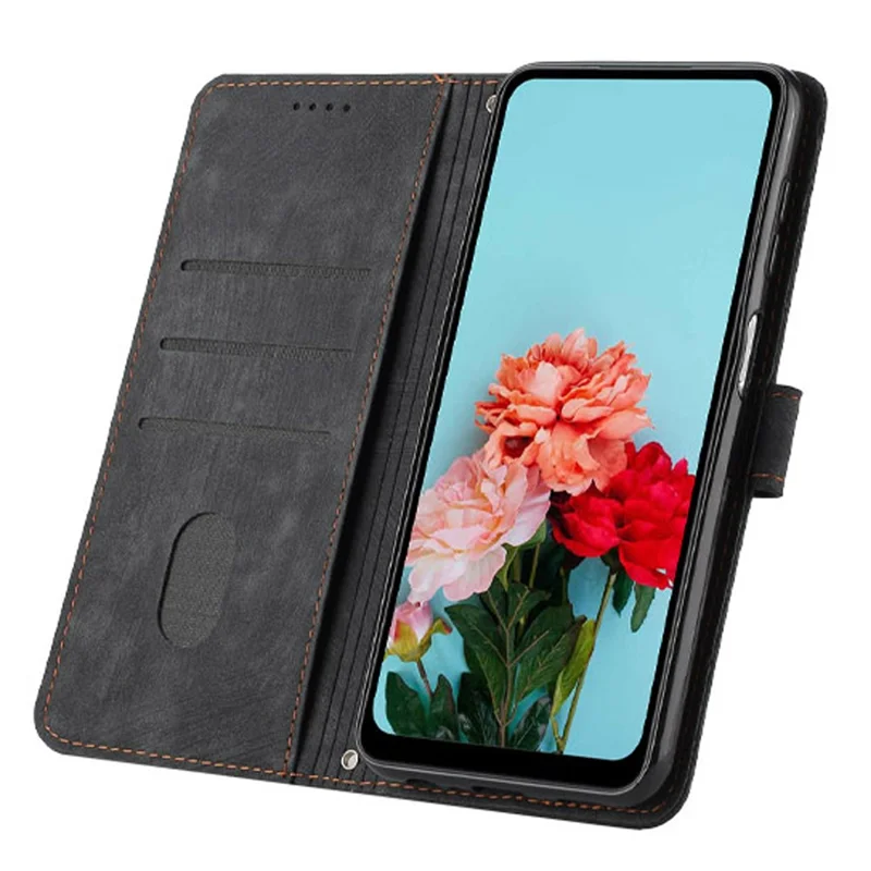 For Xiaomi Redmi 12 4G Lines Imprinted Leather Case Stand Wallet Phone Cover with Shoulder Strap - Black