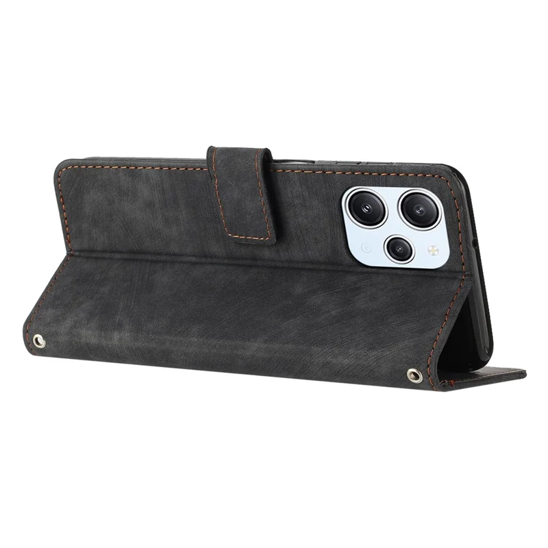 For Xiaomi Redmi 12 4G Lines Imprinted Leather Case Stand Wallet Phone Cover with Shoulder Strap - Black