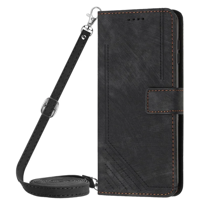 For Xiaomi Redmi 12 4G Lines Imprinted Leather Case Stand Wallet Phone Cover with Shoulder Strap - Black