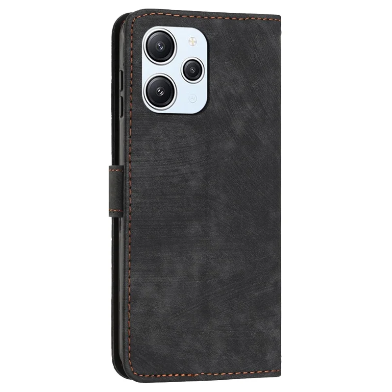For Xiaomi Redmi 12 4G Lines Imprinted Leather Case Stand Wallet Phone Cover with Shoulder Strap - Black