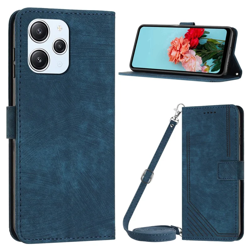For Xiaomi Redmi 12 4G Lines Imprinted Leather Case Stand Wallet Phone Cover with Shoulder Strap - Sapphire