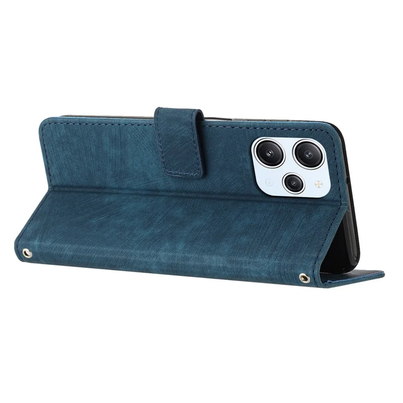 For Xiaomi Redmi 12 4G Lines Imprinted Leather Case Stand Wallet Phone Cover with Shoulder Strap - Sapphire