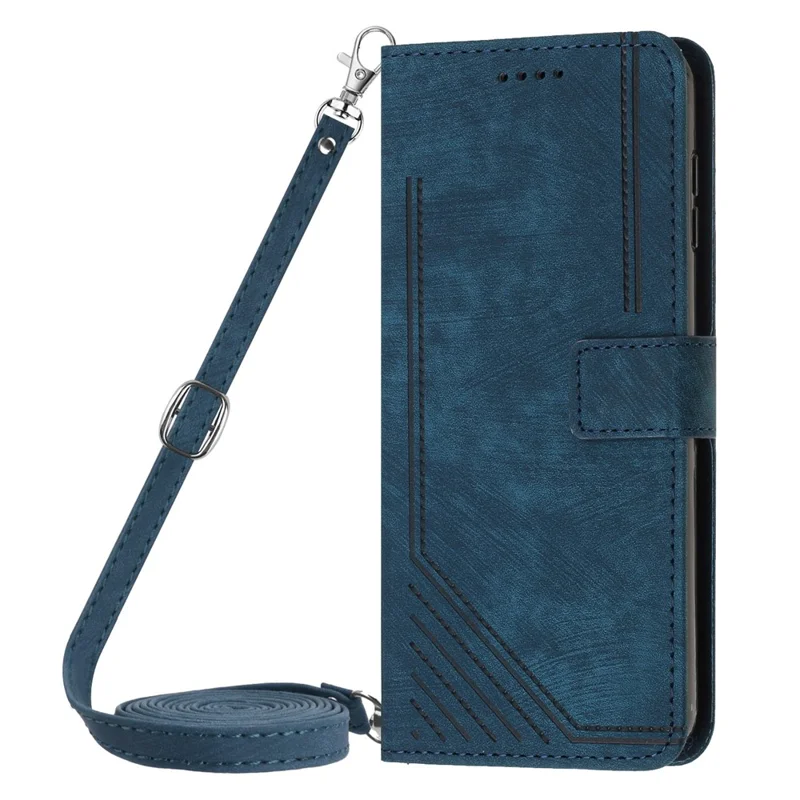 For Xiaomi Redmi 12 4G Lines Imprinted Leather Case Stand Wallet Phone Cover with Shoulder Strap - Sapphire