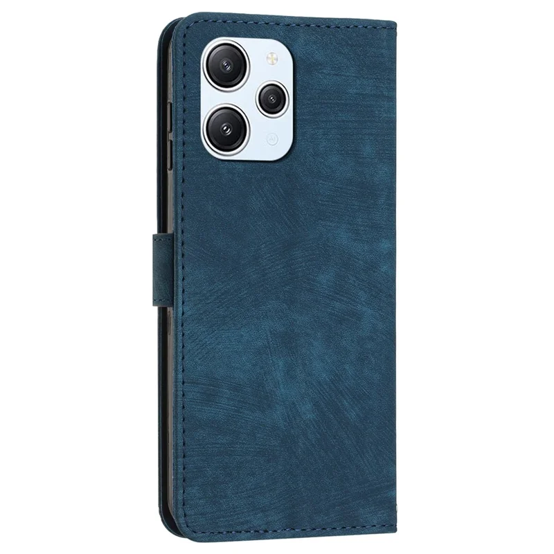 For Xiaomi Redmi 12 4G Lines Imprinted Leather Case Stand Wallet Phone Cover with Shoulder Strap - Sapphire
