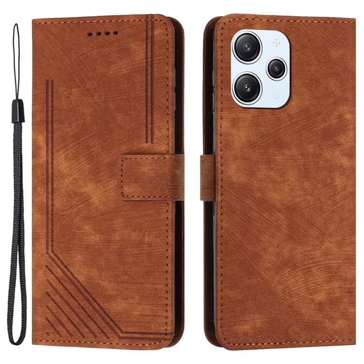 Pour Xiaomi Redmi 12 4G Skin-touch Lines Imprinted Stand Wallet Case PU Leather Phone Cover - Brown