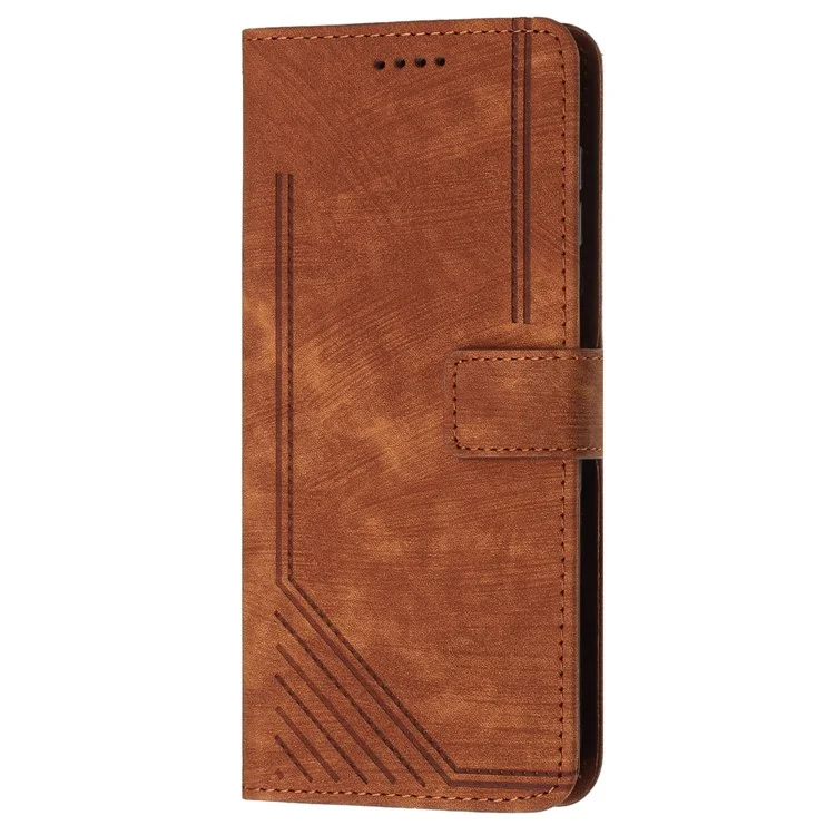 Pour Xiaomi Redmi 12 4G Skin-touch Lines Imprinted Stand Wallet Case PU Leather Phone Cover - Brown