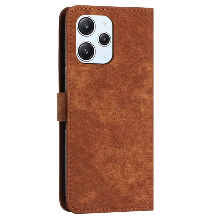 Pour Xiaomi Redmi 12 4G Skin-touch Lines Imprinted Stand Wallet Case PU Leather Phone Cover - Brown
