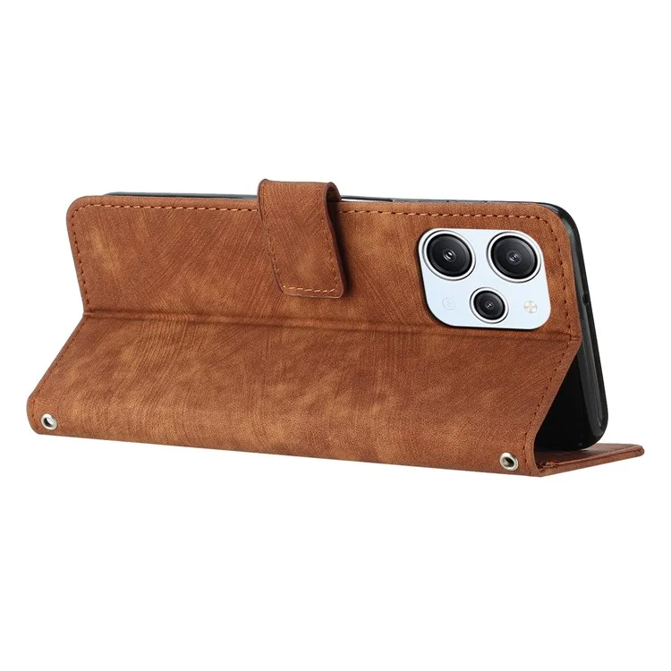Pour Xiaomi Redmi 12 4G Skin-touch Lines Imprinted Stand Wallet Case PU Leather Phone Cover - Brown