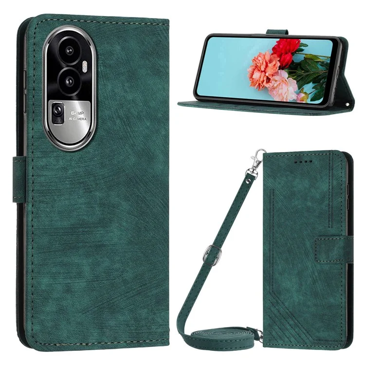 Für Oppo Reno10 Pro 5G (Global) / Reno10 5G (Global) PU-Leder Ständer Wallet Phone Case Lines Imprinted Cover mit Schultergurt - Grün