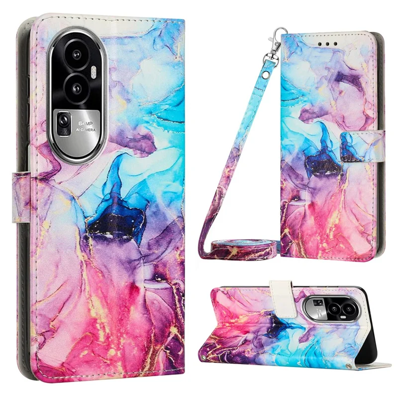 Étui portefeuille en cuir pour Oppo Reno10 Pro 5G (Global) / Reno10 5G (Global), housse avec motif marbré et support, avec sangle d'épaule - Rose / Violet