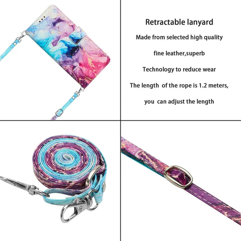 Étui portefeuille en cuir pour Oppo Reno10 Pro 5G (Global) / Reno10 5G (Global), housse avec motif marbré et support, avec sangle d'épaule - Rose / Violet