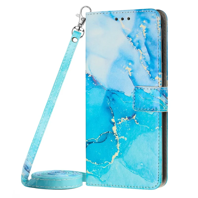 For Oppo Reno10 Pro 5G (Global) / Reno10 5G (Global) Leather Wallet Phone Case Marble Pattern Stand Cover with Shoulder Strap - Blue  /  Green