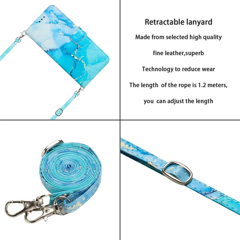 For Oppo Reno10 Pro 5G (Global) / Reno10 5G (Global) Leather Wallet Phone Case Marble Pattern Stand Cover with Shoulder Strap - Blue  /  Green