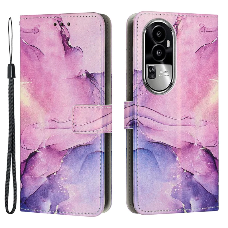 Folia z klapką z futerału z tworzywa sztucznego z wzorem marmuru dla Oppo Reno10 Pro 5G (Global) / Reno10 5G (Global) z uchwytem na telefon i portfelem z paskiem na nadgarstek — fioletowy