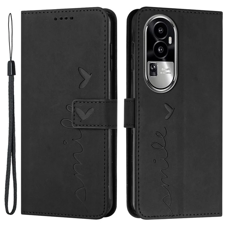 Para Oppo Reno10 Pro 5G (Global) / Reno10 5G (Global) Capa carteira de couro com toque de pele e coração impresso - Preta