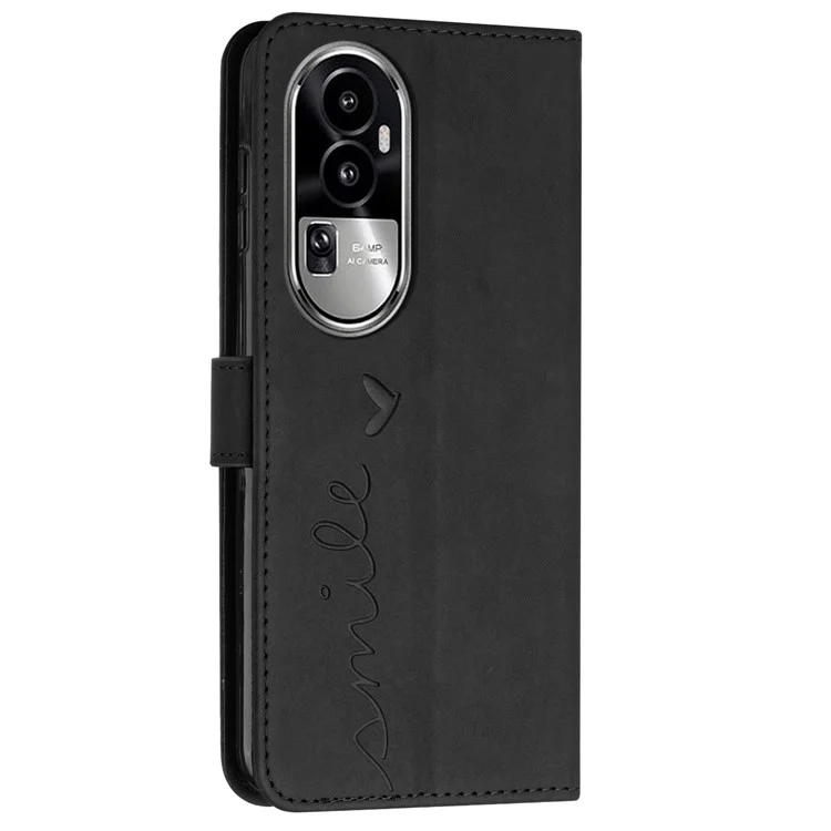 Para Oppo Reno10 Pro 5G (Global) / Reno10 5G (Global) Capa carteira de couro com toque de pele e coração impresso - Preta