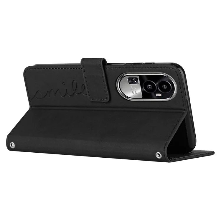 Para Oppo Reno10 Pro 5G (Global) / Reno10 5G (Global) Capa carteira de couro com toque de pele e coração impresso - Preta
