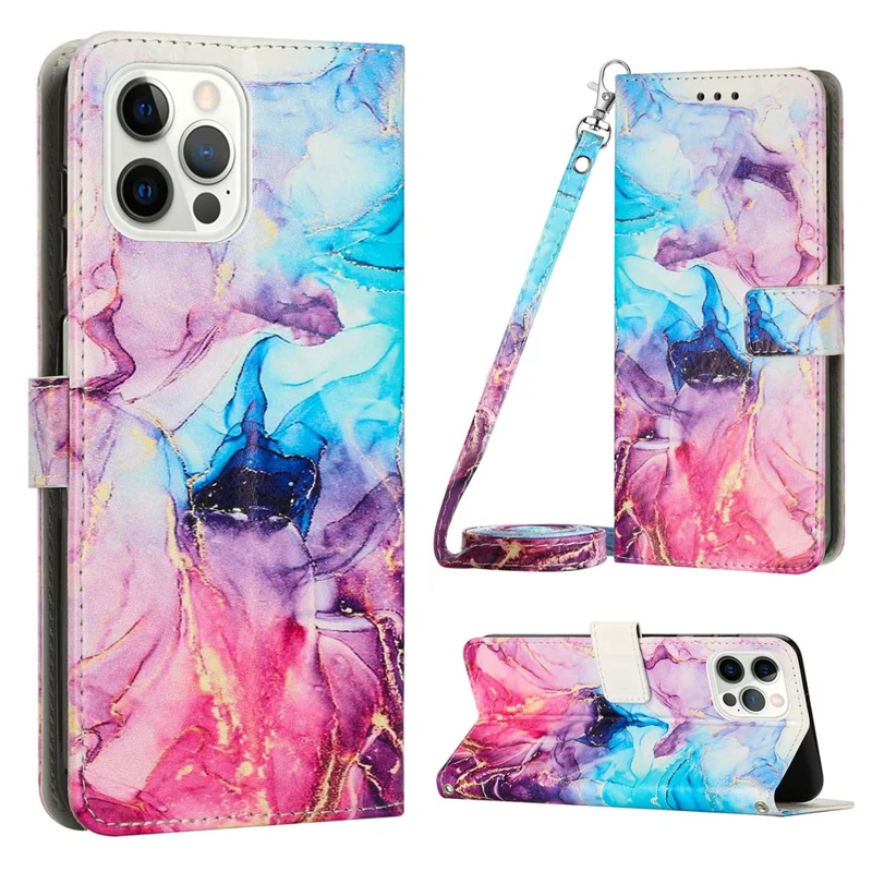 Marble Pattern Leather Case for iPhone 15 Pro Max , Wallet Stand Phone Cover with Shoulder Strap - Pink / Purple