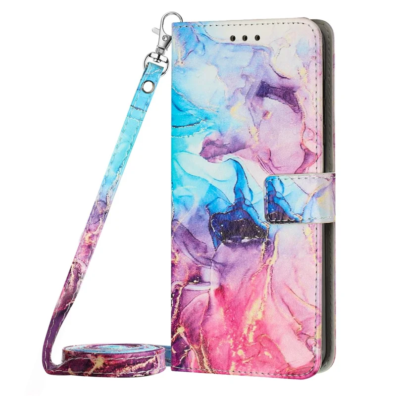 Marble Pattern Leather Case for iPhone 15 Pro Max , Wallet Stand Phone Cover with Shoulder Strap - Pink / Purple