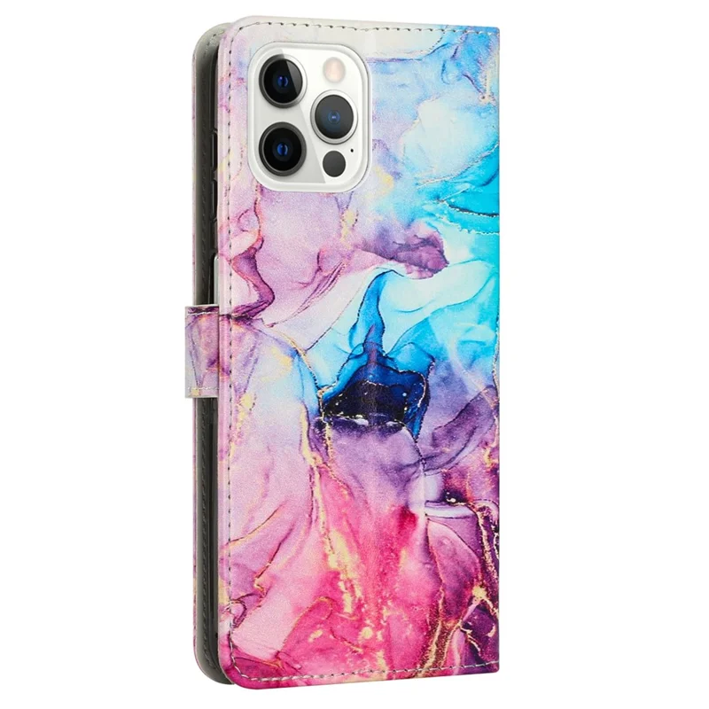 Marble Pattern Leather Case for iPhone 15 Pro Max , Wallet Stand Phone Cover with Shoulder Strap - Pink / Purple
