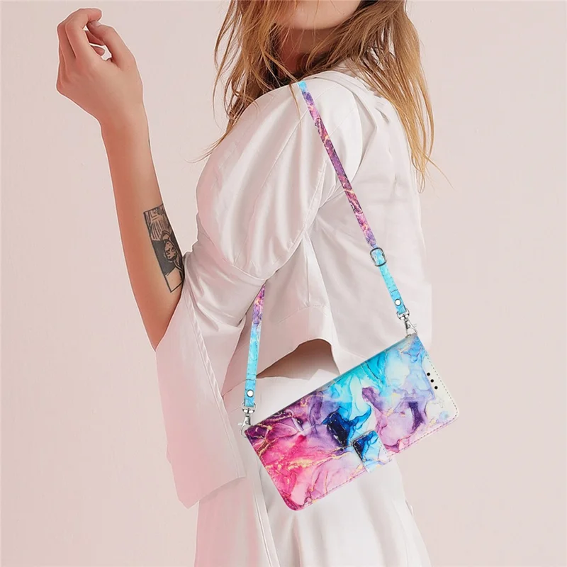 Marble Pattern Leather Case for iPhone 15 Pro Max , Wallet Stand Phone Cover with Shoulder Strap - Pink / Purple