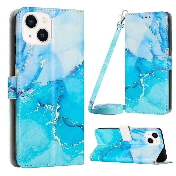 Custodia per telefono con motivo in marmo per iPhone 15 Plus, Cover in pelle PU con supporto e tracolla - Blu / Verde