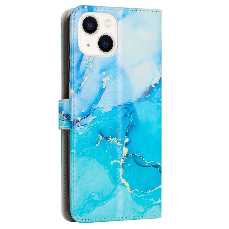 Custodia per telefono con motivo in marmo per iPhone 15 Plus, Cover in pelle PU con supporto e tracolla - Blu / Verde