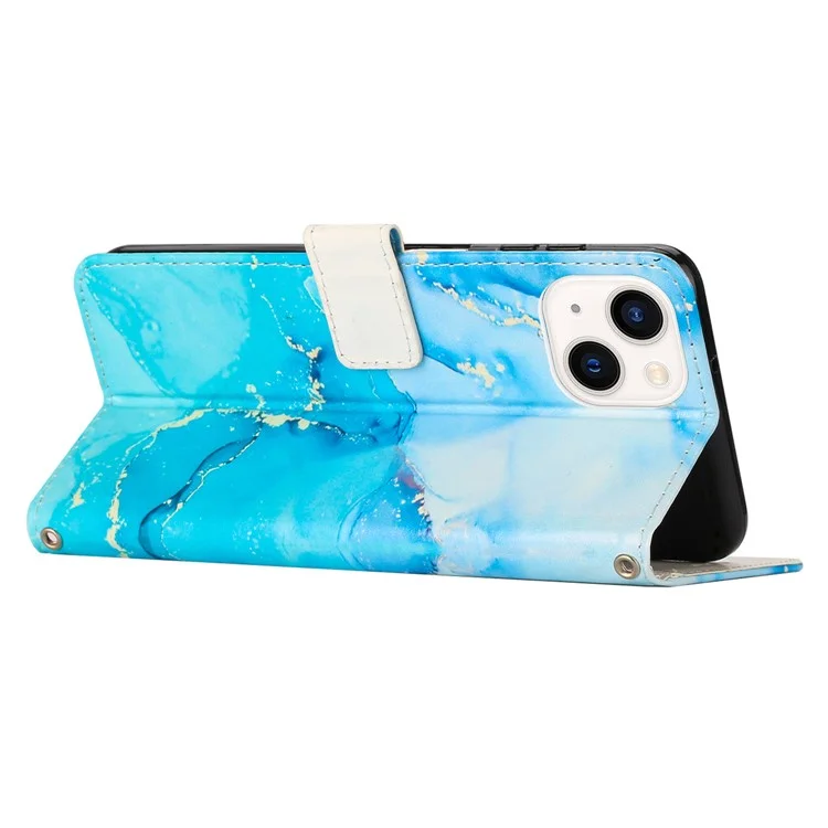 Marble Pattern Phone Case for iPhone 15 Plus , Stand Wallet Leather Phone Cover with Wrist Strap - Blue / Green