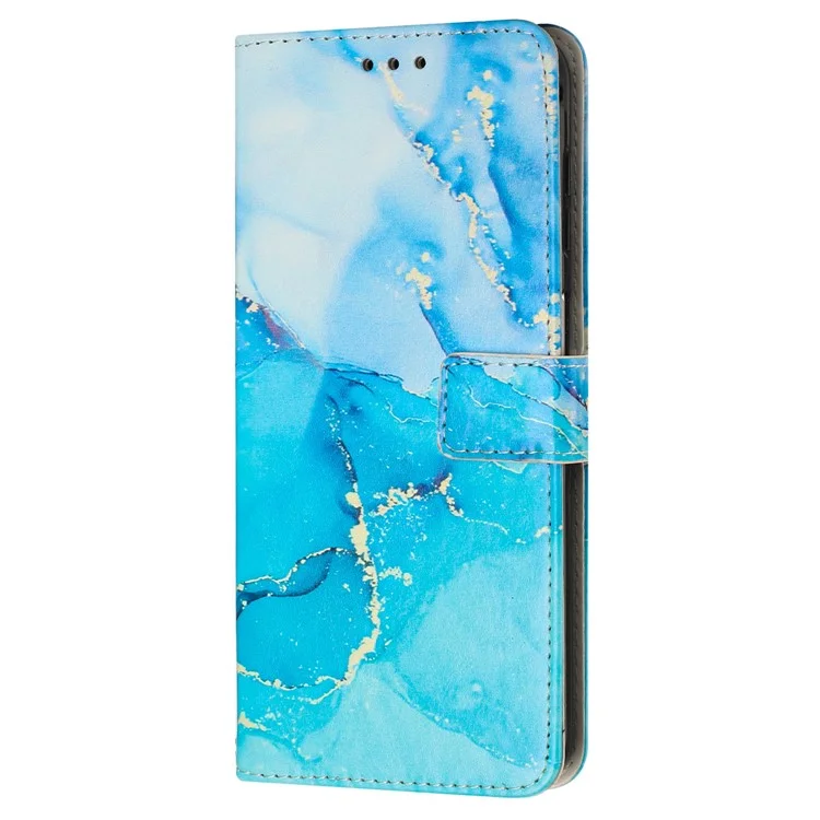 Marble Pattern Phone Case for iPhone 15 Plus , Stand Wallet Leather Phone Cover with Wrist Strap - Blue / Green