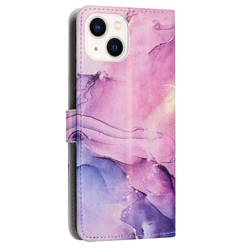 Marble Pattern Phone Wallet Case for iPhone 15 , Stand PU Leather Cover with Wrist Strap - Purple