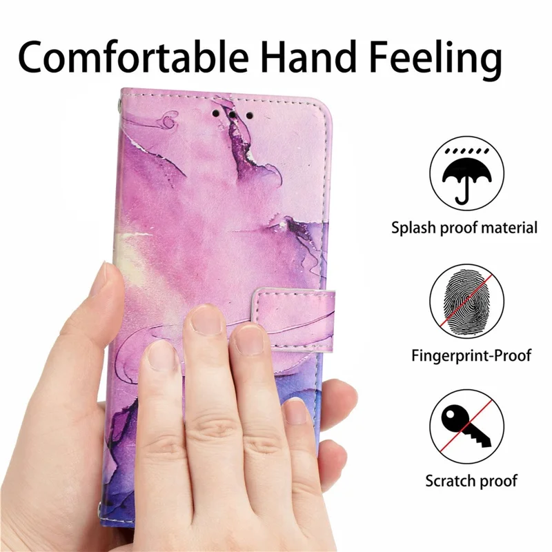 Marble Pattern Phone Wallet Case for iPhone 15 , Stand PU Leather Cover with Wrist Strap - Purple