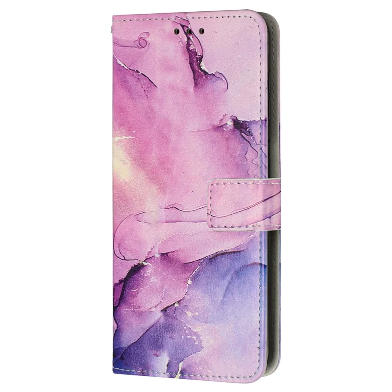 Marble Pattern Phone Wallet Case for iPhone 15 , Stand PU Leather Cover with Wrist Strap - Purple