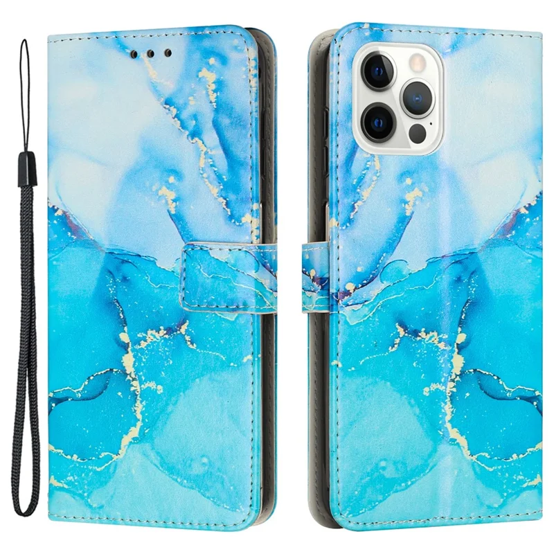 Für iPhone 15 Pro Max Stand Wallet Leather Phone Cover Marble Pattern Case mit Handgelenkriemen - Blau / Grün