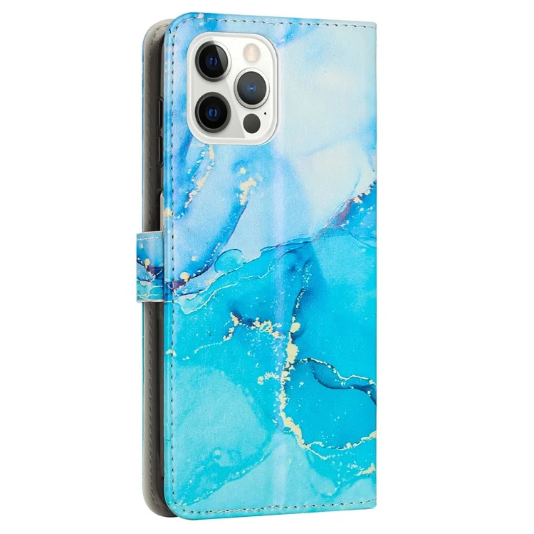 Für iPhone 15 Pro Max Stand Wallet Leather Phone Cover Marble Pattern Case mit Handgelenkriemen - Blau / Grün