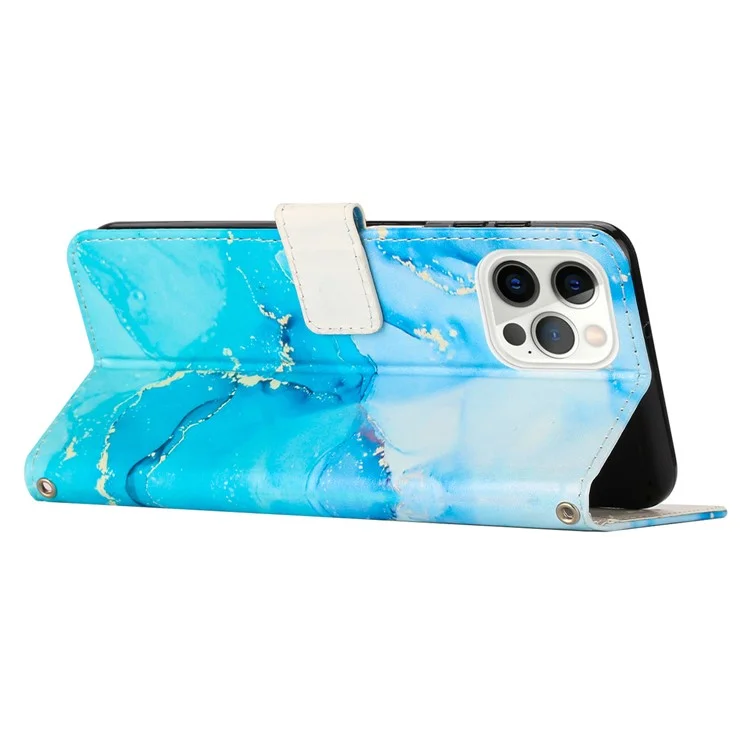 Für iPhone 15 Pro Max Stand Wallet Leather Phone Cover Marble Pattern Case mit Handgelenkriemen - Blau / Grün