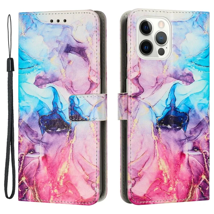 Stand Wallet Leather Case for iPhone 15 Pro , Marble Pattern Phone Cover with Wrist Strap - Pink / Purple