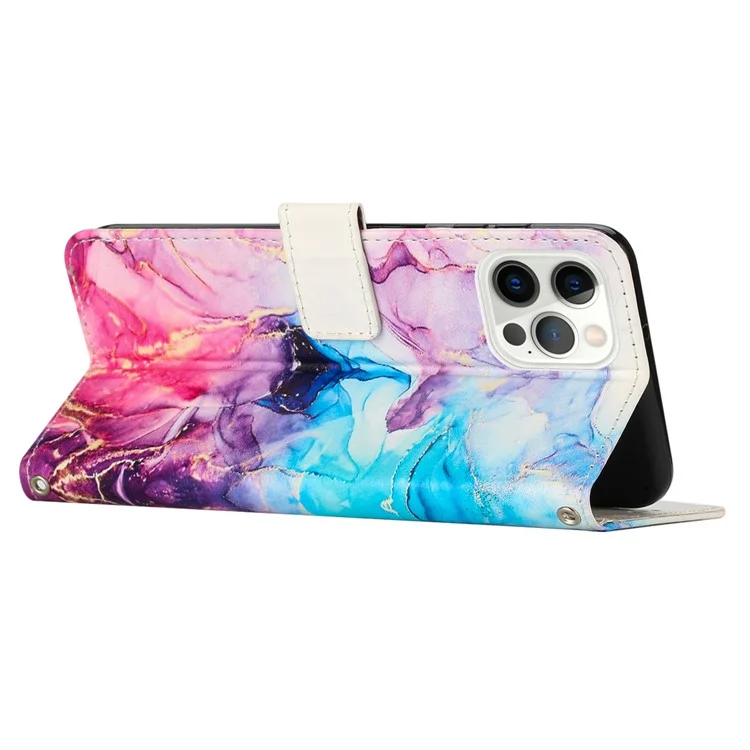 Stand Wallet Leather Case for iPhone 15 Pro , Marble Pattern Phone Cover with Wrist Strap - Pink / Purple