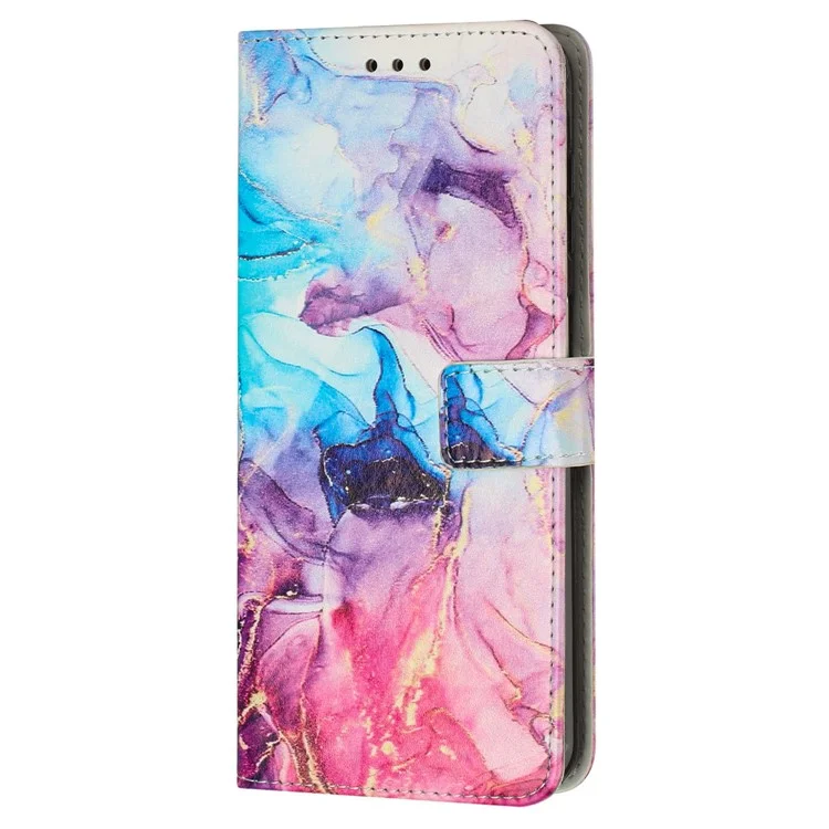 Stand Wallet Leather Case for iPhone 15 Pro , Marble Pattern Phone Cover with Wrist Strap - Pink / Purple