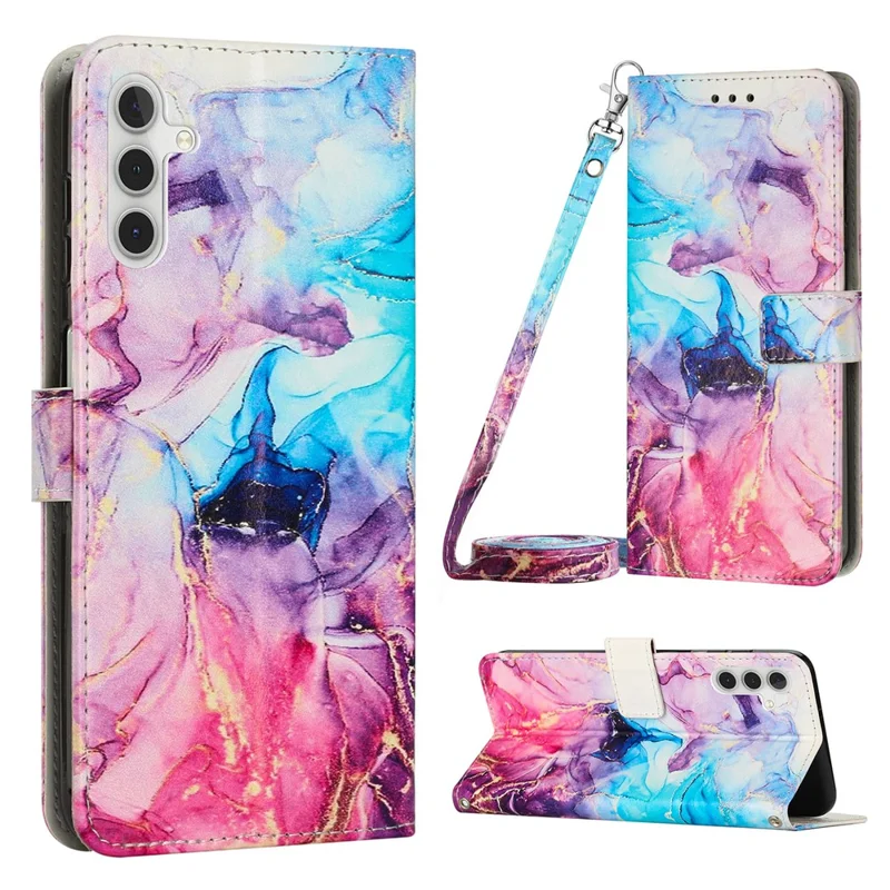 For Samsung Galaxy S23 FE Wallet Leather Case Marble Pattern Phone Stand Cover with Shoulder Strap - Pink / Purple