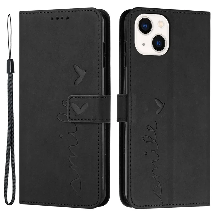 Für iPhone 15 Plus Heart Imprinted Phone Leder Hülle Brieftasche Stand Phone Cover - Schwarz