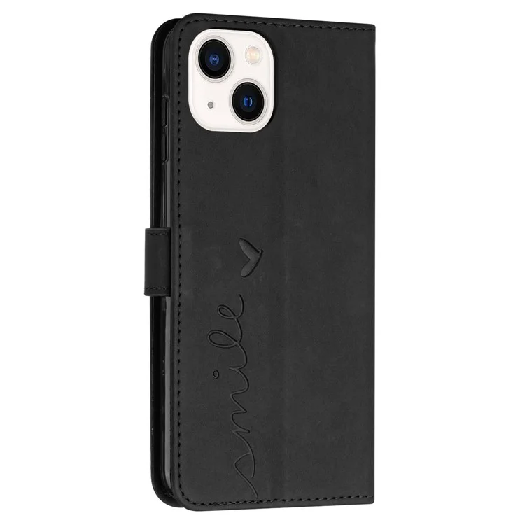 Für iPhone 15 Plus Heart Imprinted Phone Leder Hülle Brieftasche Stand Phone Cover - Schwarz