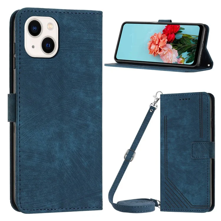 Lines Imprinted Phone Wallet Case für iPhone 15 Plus, PU-Leder-Standabdeckung mit Schultergurt - Saphir