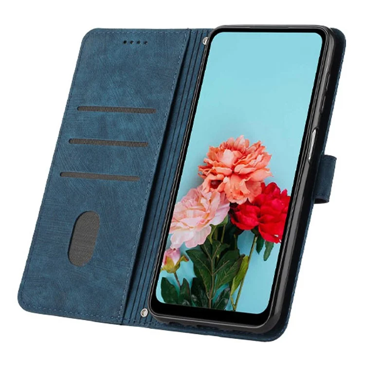 Lines Imprinted Phone Wallet Case für iPhone 15 Plus, PU-Leder-Standabdeckung mit Schultergurt - Saphir