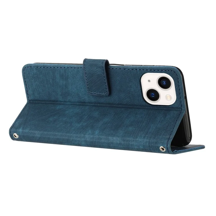 Lines Imprinted Phone Wallet Case für iPhone 15 Plus, PU-Leder-Standabdeckung mit Schultergurt - Saphir