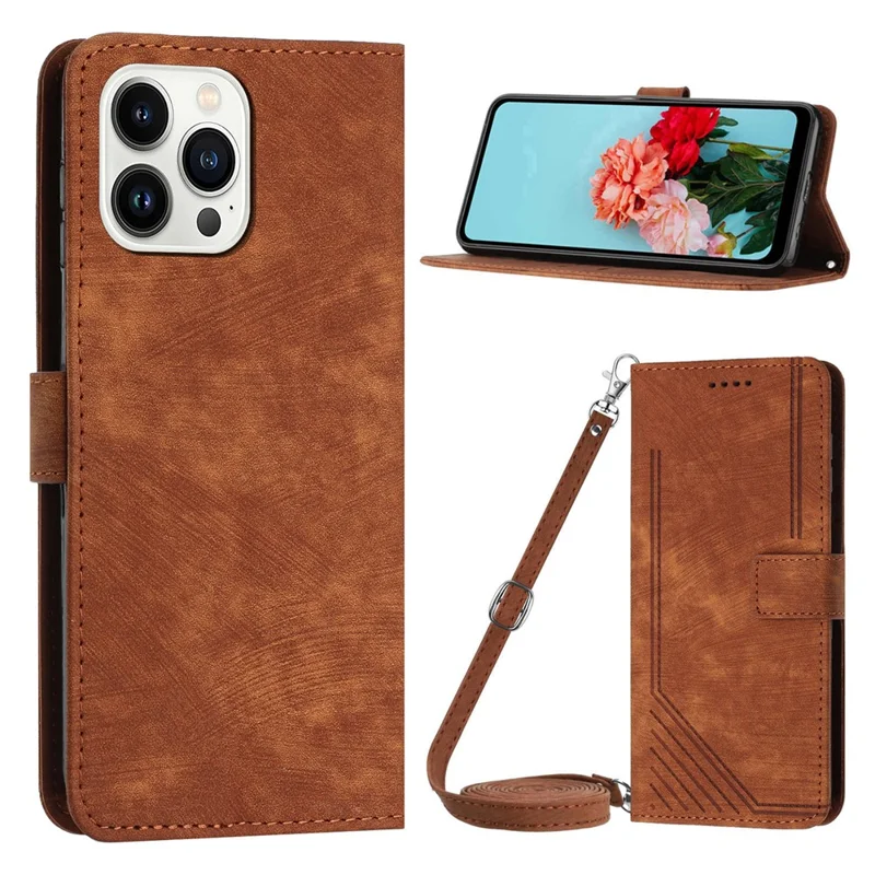For iPhone 15 Pro Max Lines Imprinted Wallet Phone Case Stand Leather Cover with Shoulder Strap - Brown