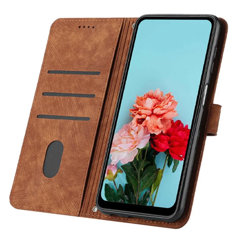 For iPhone 15 Pro Max Lines Imprinted Wallet Phone Case Stand Leather Cover with Shoulder Strap - Brown
