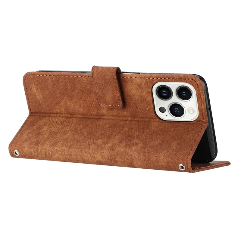 For iPhone 15 Pro Max Lines Imprinted Wallet Phone Case Stand Leather Cover with Shoulder Strap - Brown